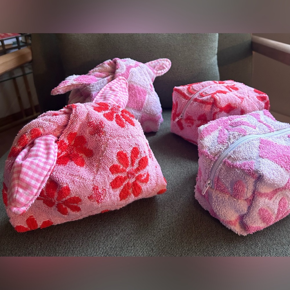 Handmade Upcycled Vintage Towel and Quilt Boxy Zipper Pouch